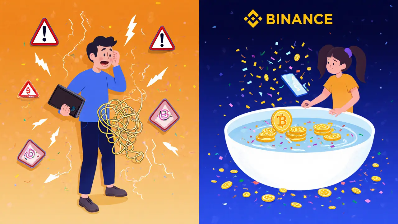 Beginner safely adding liquidity vs experienced user overwhelmed by DeFi complexity, side-by-side illustration.