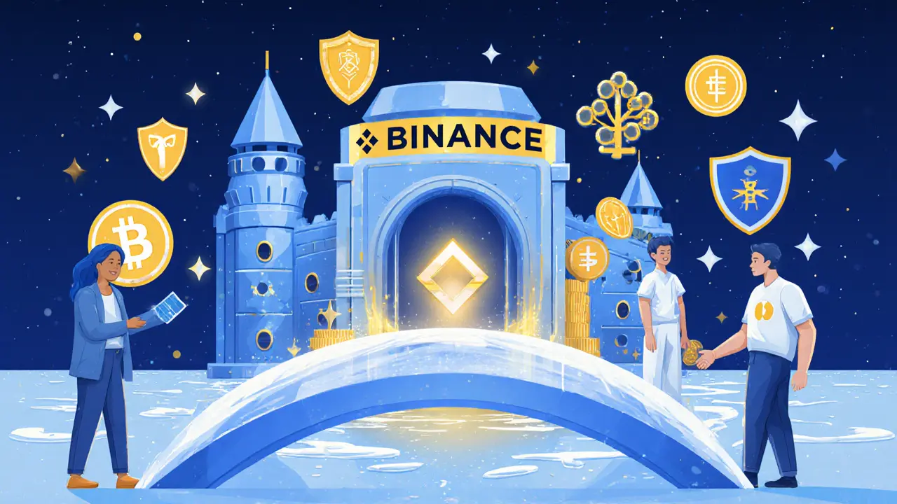 Binance’s secure infrastructure protects users trading via liquid swap, with shield symbols and calm visuals.