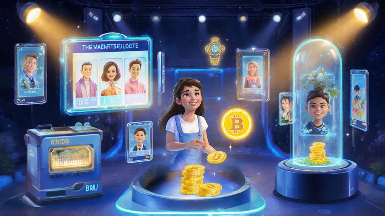3‑D AvatarArt marketplace where an artist uses BNU tokens for fees, ads, and staking.