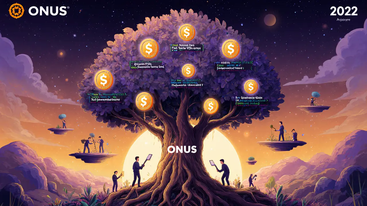 A blockchain tree with ONUS token leaves, growing from trading fees and token conversions under a rising sun.