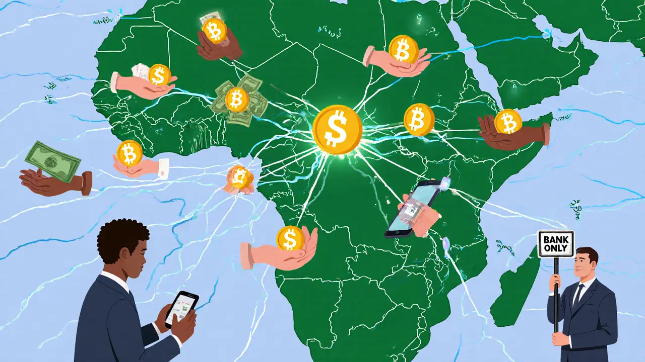 A decentralized network of traders connected by digital wallets and mobile money, forming a nationwide crypto web.