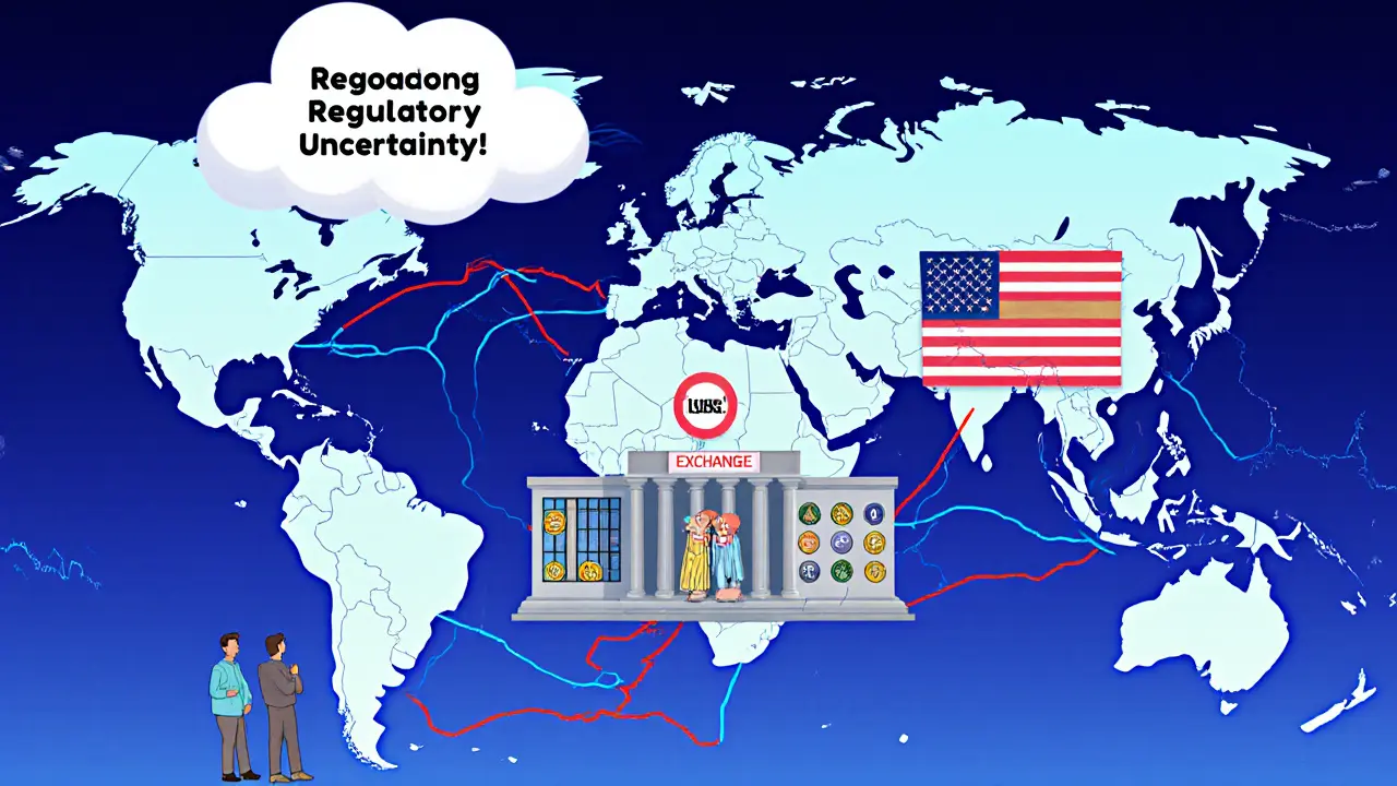 A global map showing regulated crypto flows in blue and offshore volume in red, with a closed U.S. exchange under regulatory shadow.
