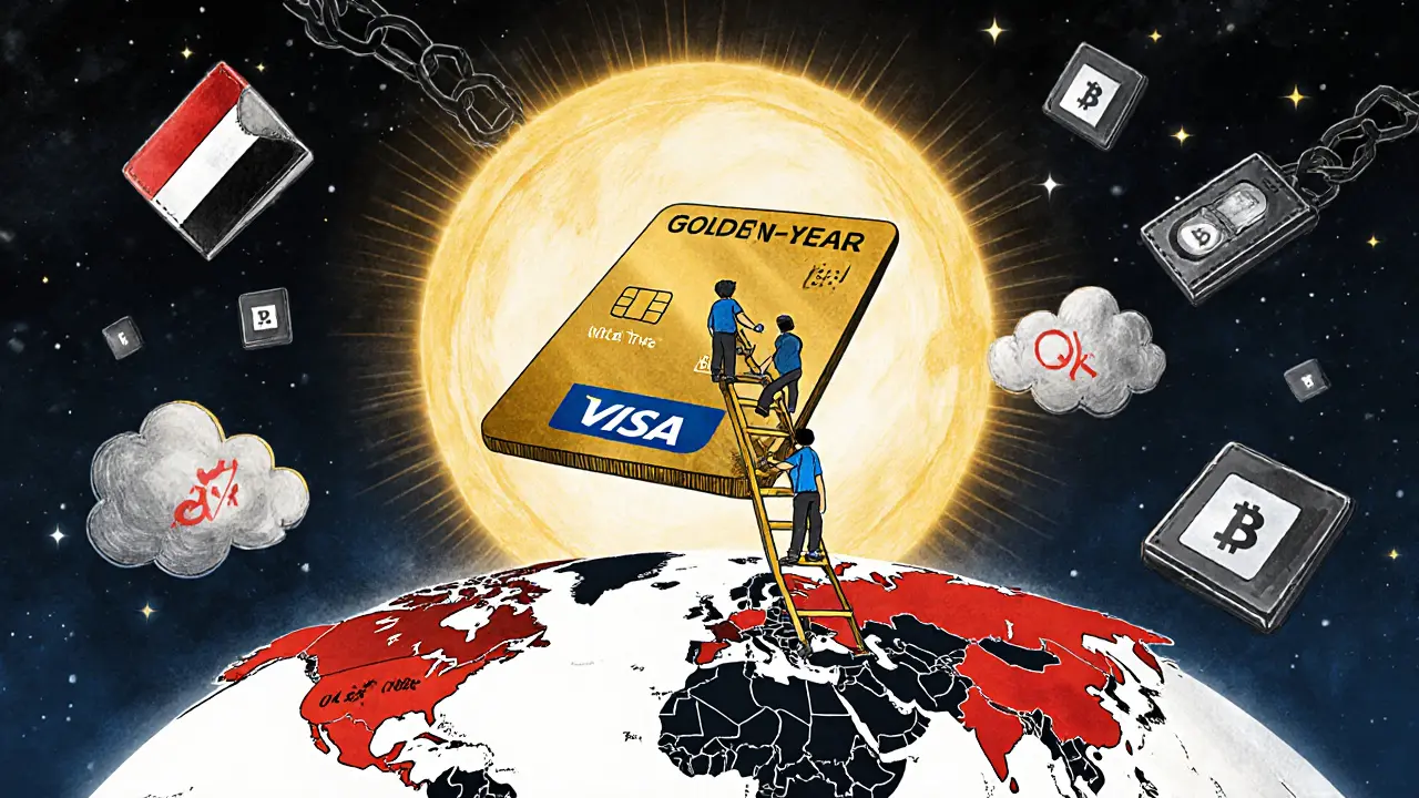 A Golden Visa card floats in space as traders climb toward a &#039;0% Tax&#039; sun, while other countries are shrouded in red tax clouds.