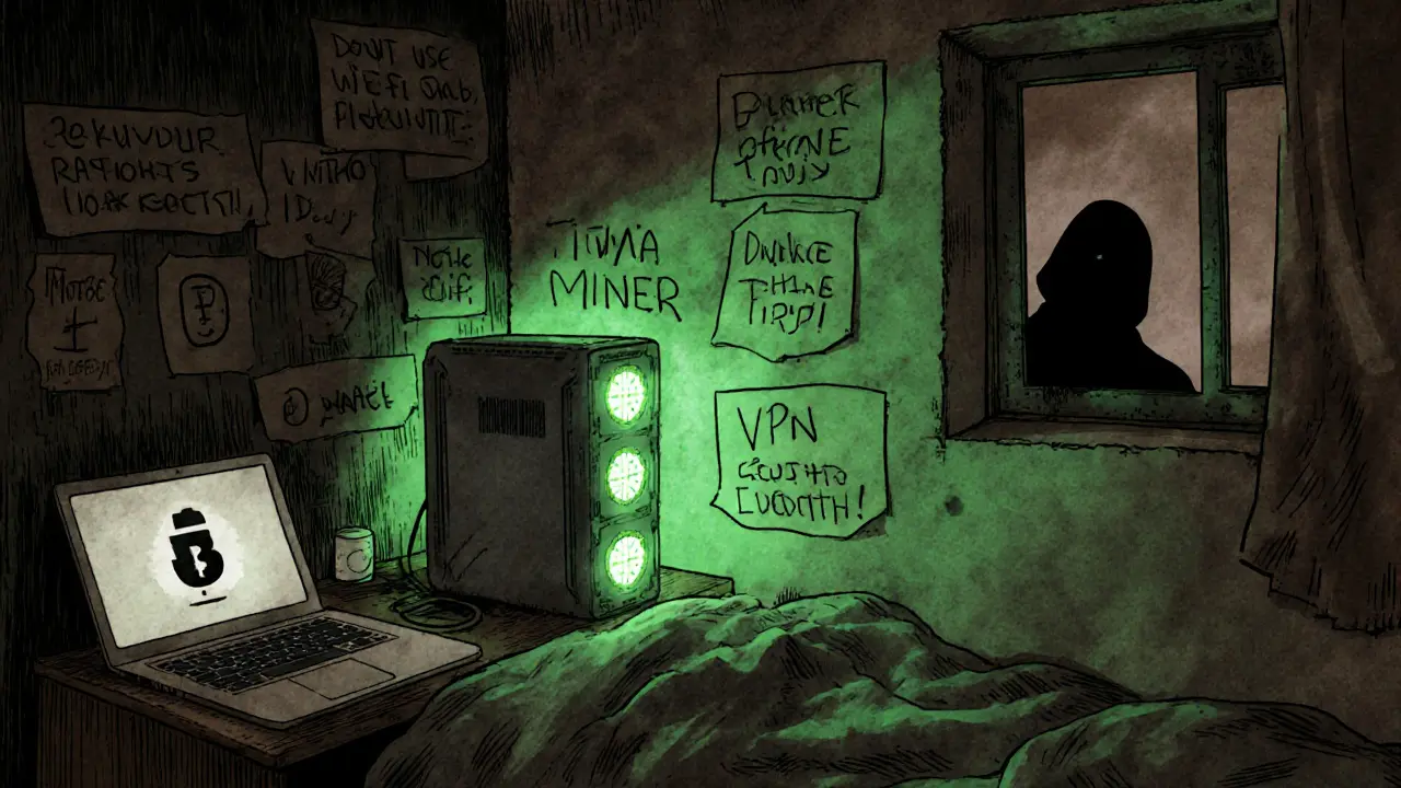 A hidden ASIC miner in a bedroom, covered by a blanket, with safety notes on the wall.