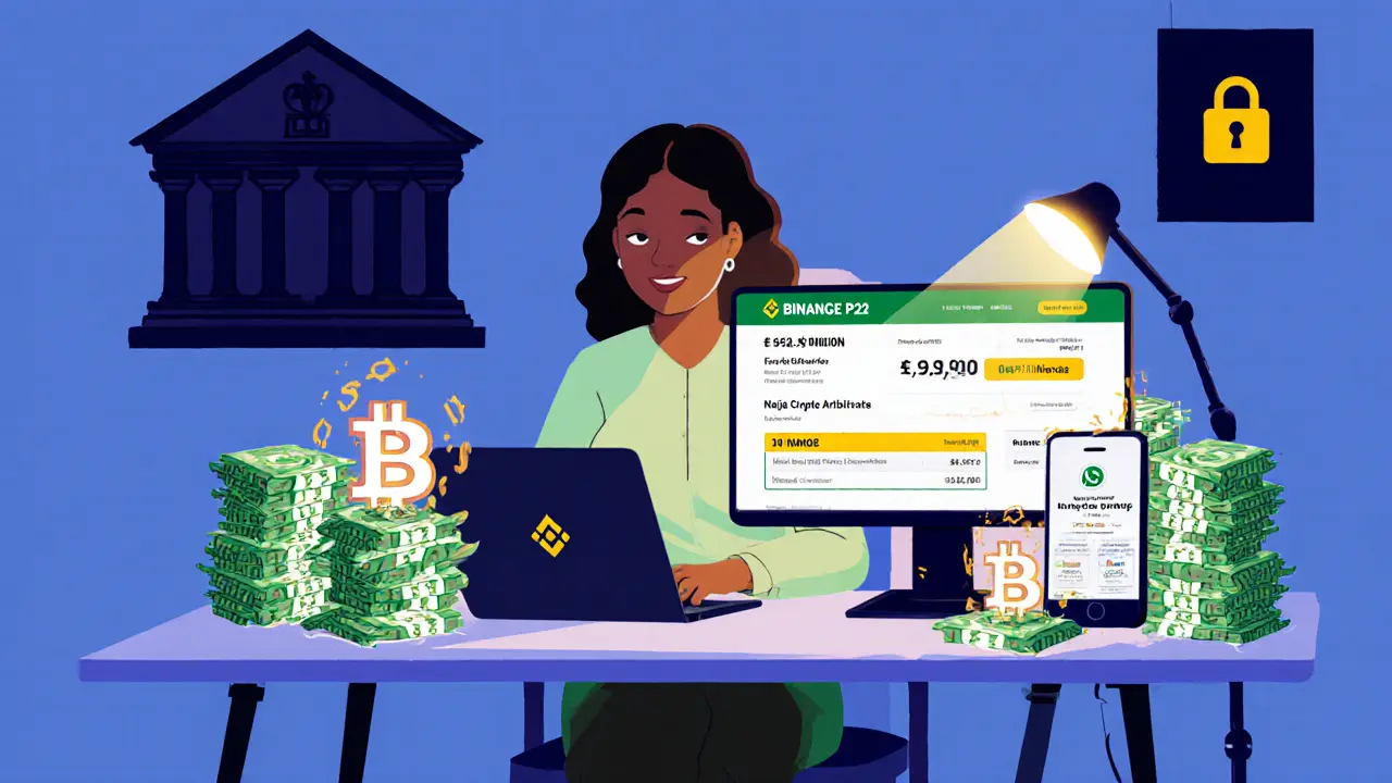 A student saving for university by trading Bitcoin, surrounded by melting naira notes and a blocked bank icon.