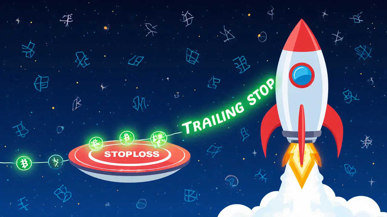 Bitcoin rocket rising with a green trailing stop line and a static red stop‑loss shield below.