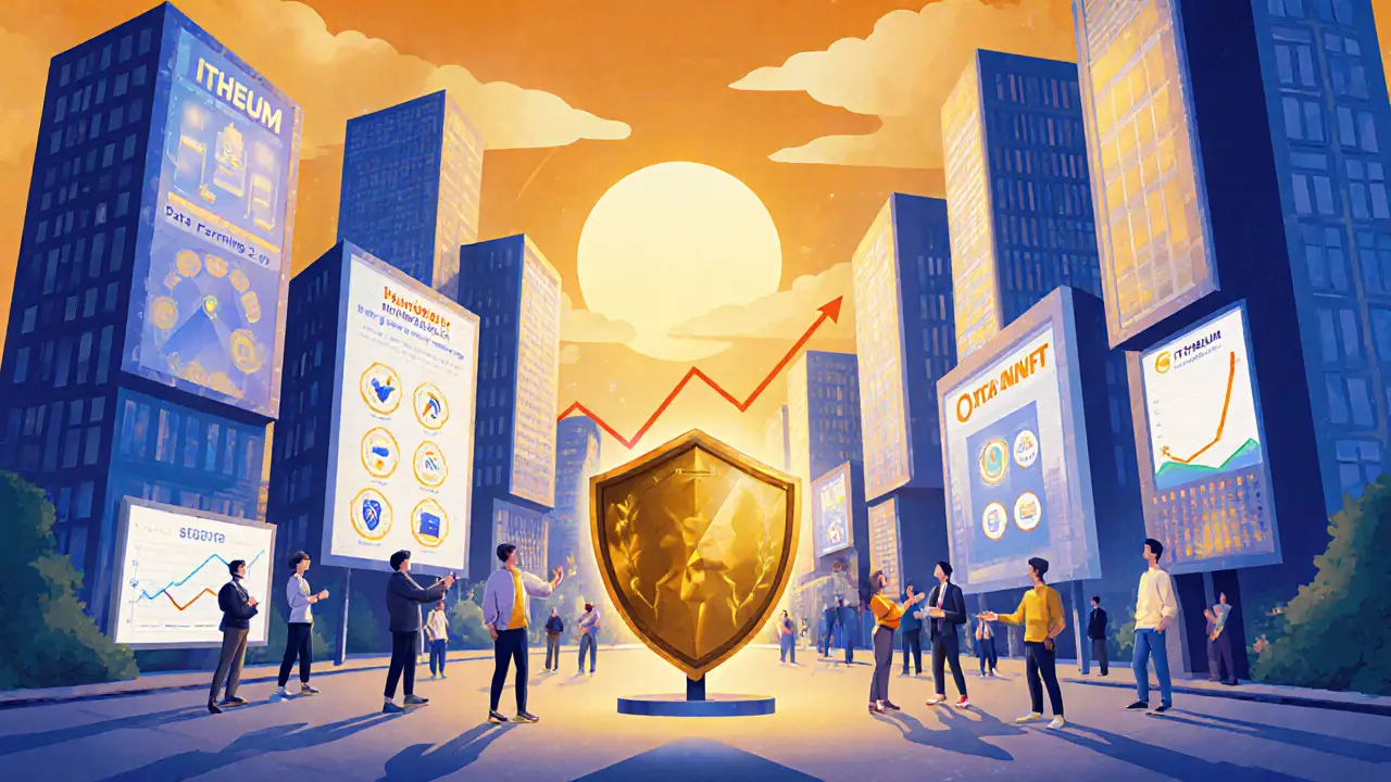 Cartoon art of a bustling data city with people exchanging ITHEUM tokens and roadmap signs.