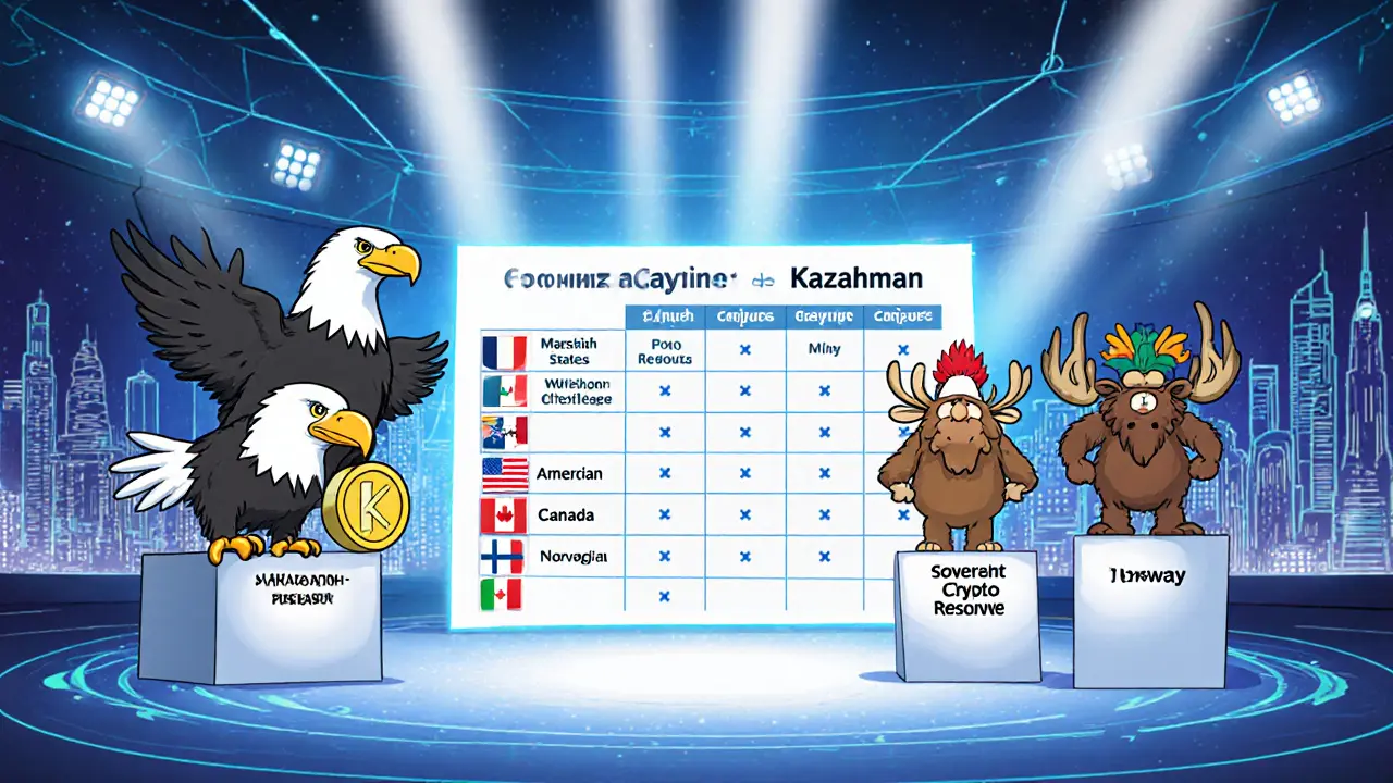 Cartoon comparison of Kazakhstan, US, Canada, Norway with mascots and future crypto reserve.