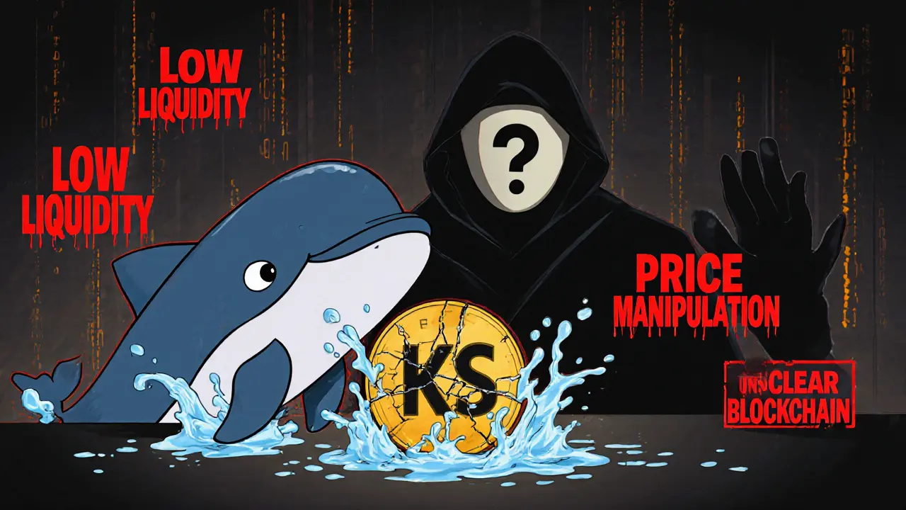 Cartoon cracked KS coin, whale splash, and masked developer warn of low liquidity and manipulation.