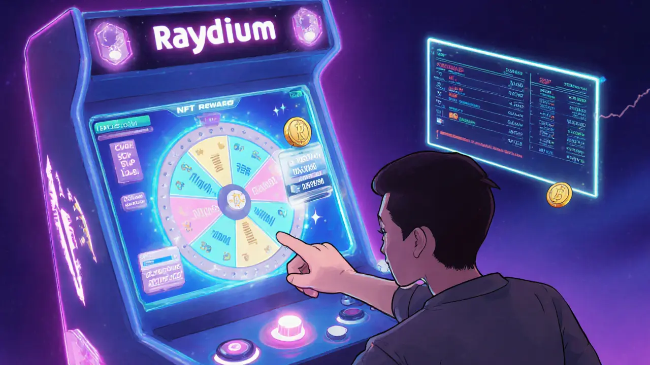 Cartoon gamer at arcade console earns KS tokens and NFT, with thin Raydium DEX order book shown.