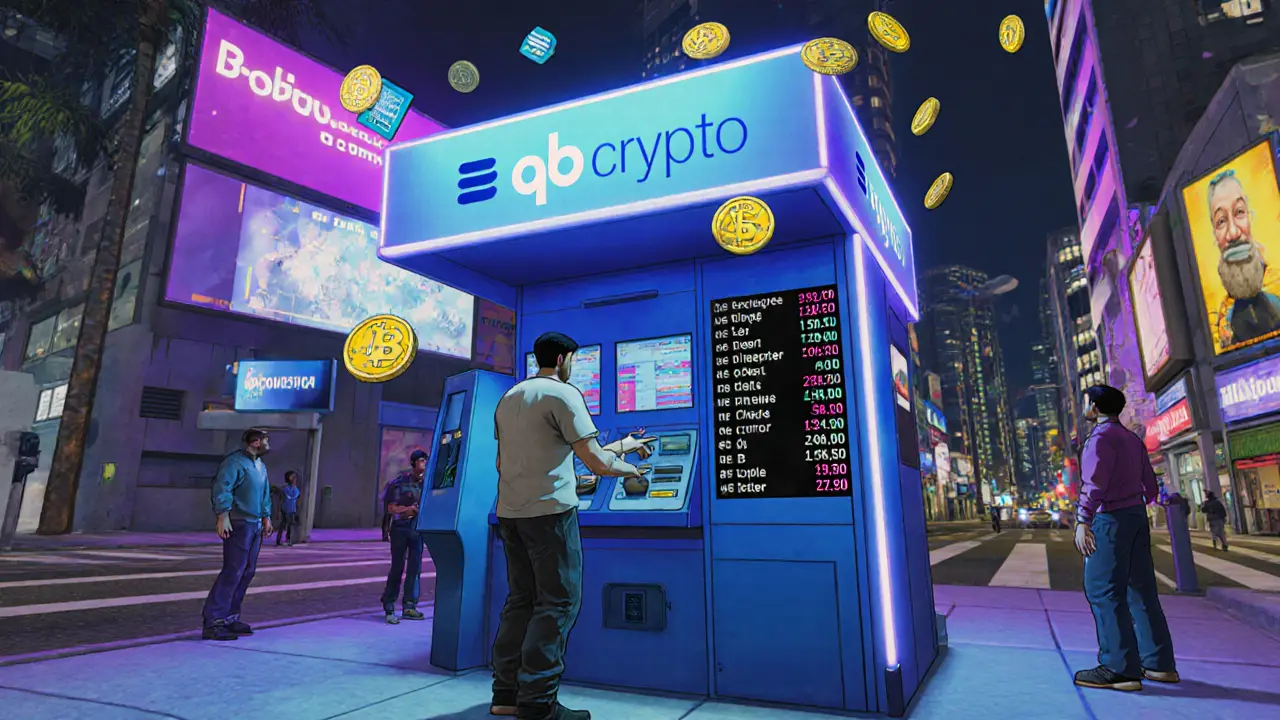 Cartoon GTA V scene showing a player using a crypto kiosk for the qb-crypto mod.