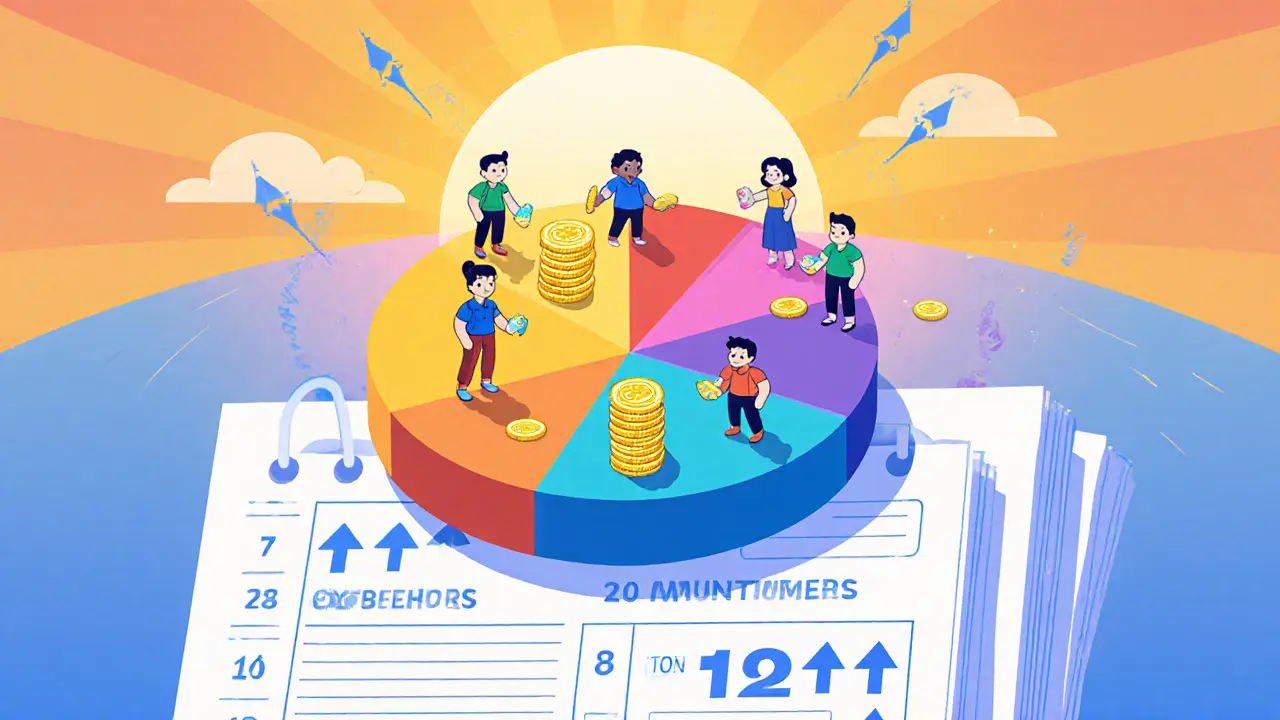 Cartoon pie chart of FORWARD token allocation with characters and a calendar.