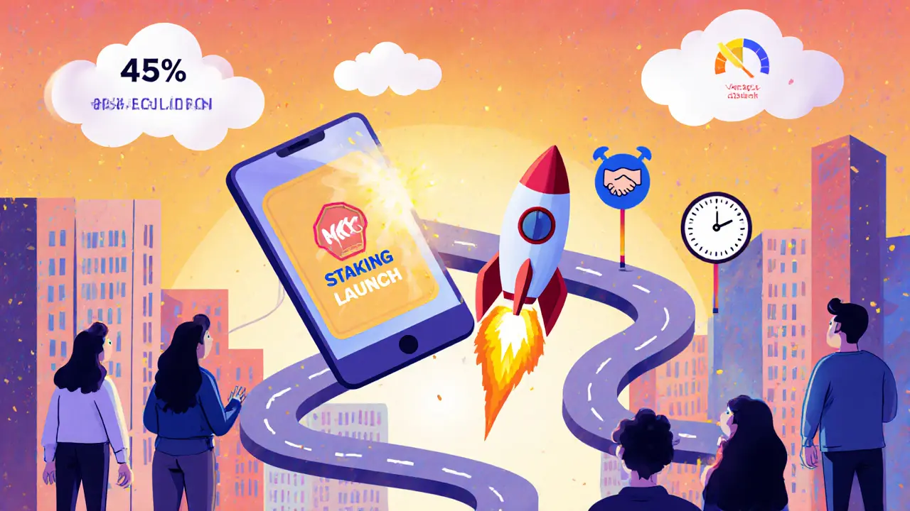 Cartoon roadmap with mobile app, staking rocket, and acquisition handshake under risk clouds.