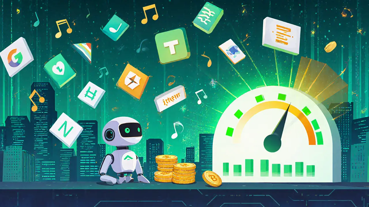 Cartoon scene of an AI robot selecting Data NFTs with a liveliness meter in a marketplace.