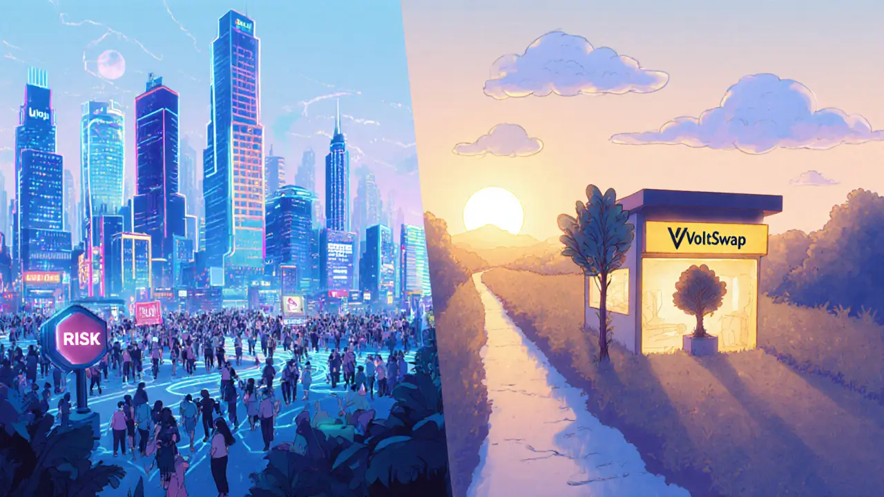 Cartoon scene showing VoltSwap’s small hub beside larger DEX cities, hinting at future growth.