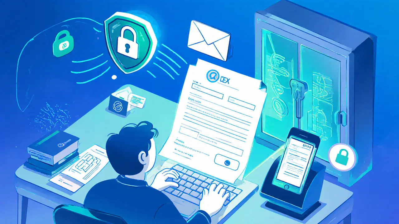 Cartoon scene showing XCOEX sign‑up, ID upload, email verification, and 2FA security.