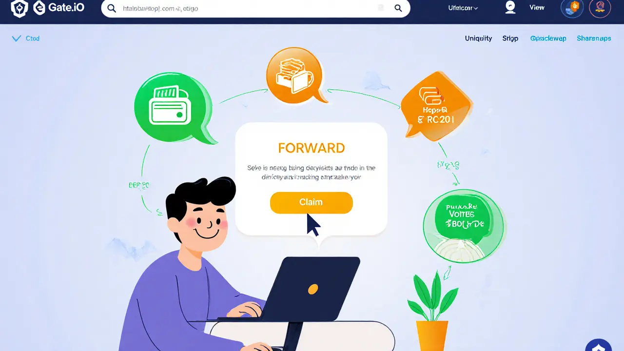Cartoon user claiming FORWARD airdrop on a stylized exchange screen.