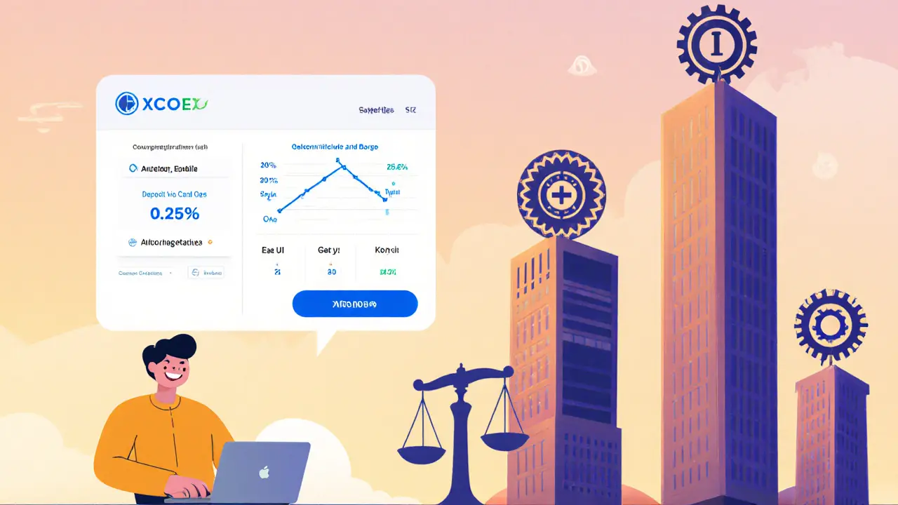 Cartoon user comparing XCOEX to larger exchanges, highlighting its simple pros and cons.