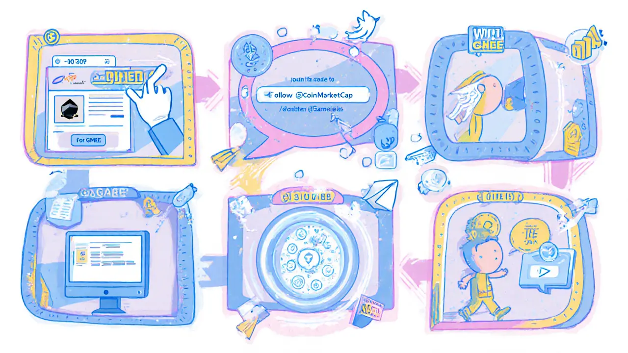Comic‑strip style panels showing each step to join the GMEE airdrop.
