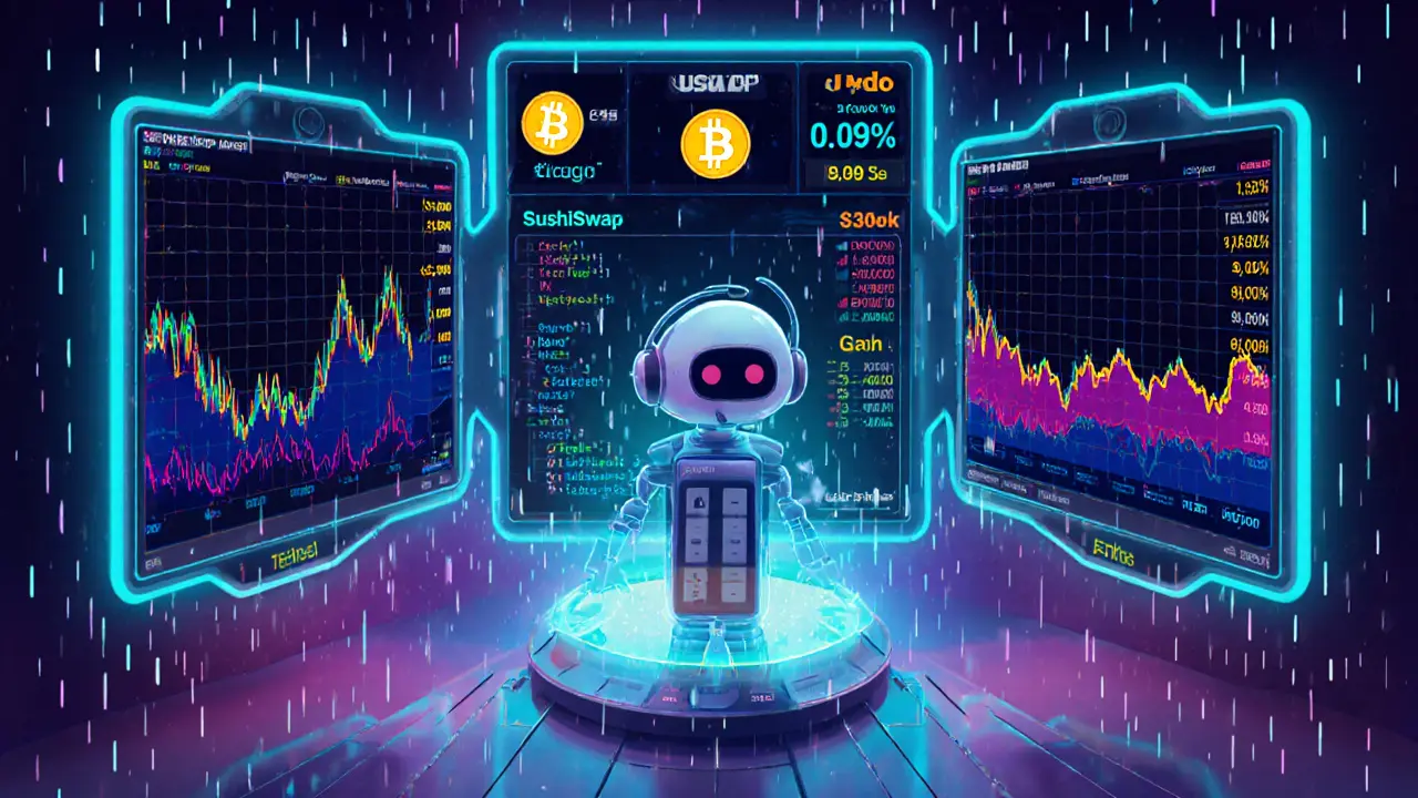 Control‑room cartoon with screens showing DEX price charts, a bot calculating spreads and gas fees.