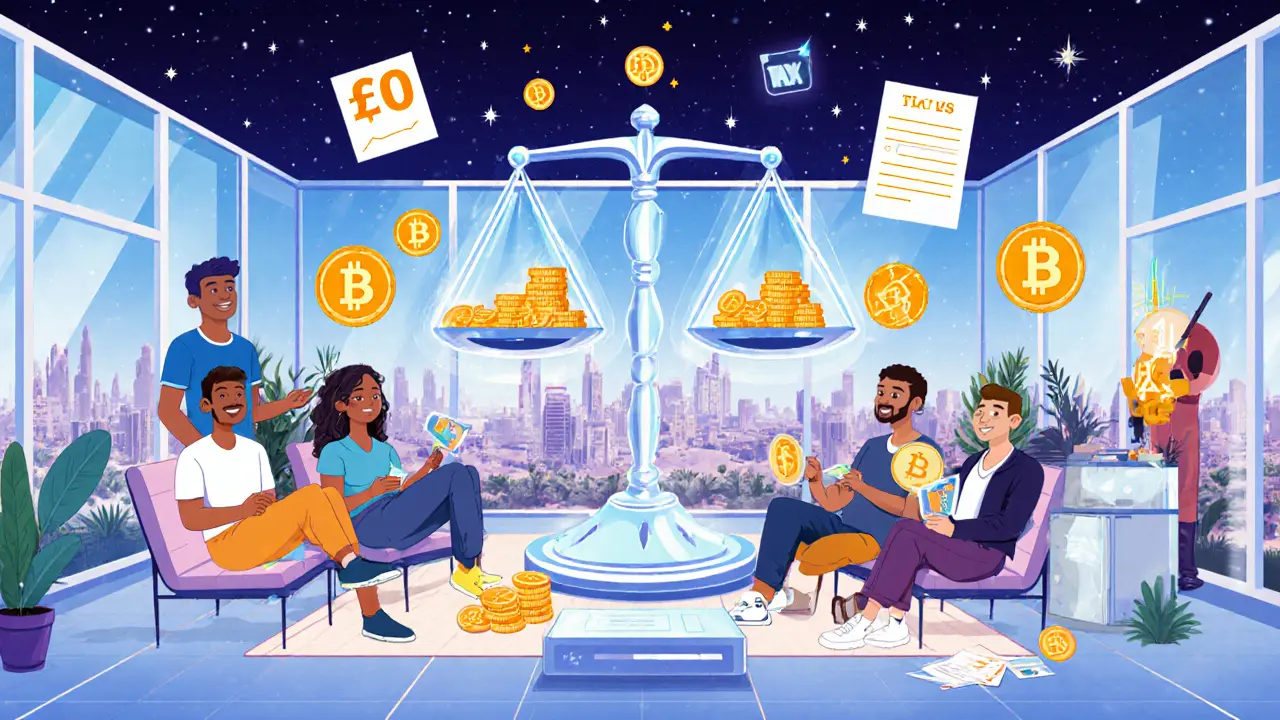 Crypto enthusiasts relax on a rooftop as holographic charts show <h2>Why This Matters Compared to the Rest of the World</h2> tax, with a scale balancing coins against empty tax forms.