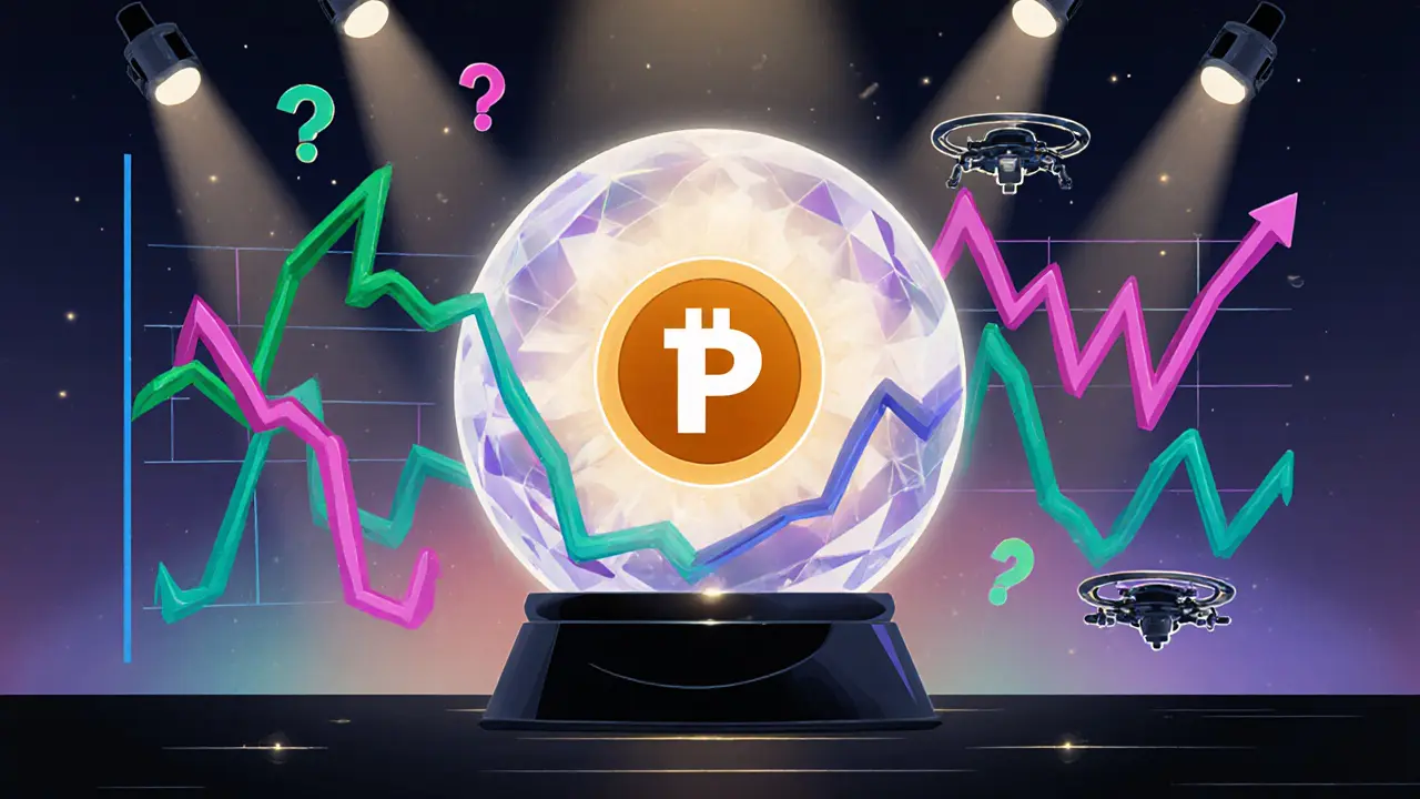 Crystal ball showing the PROTO token with three contrasting price trend charts.