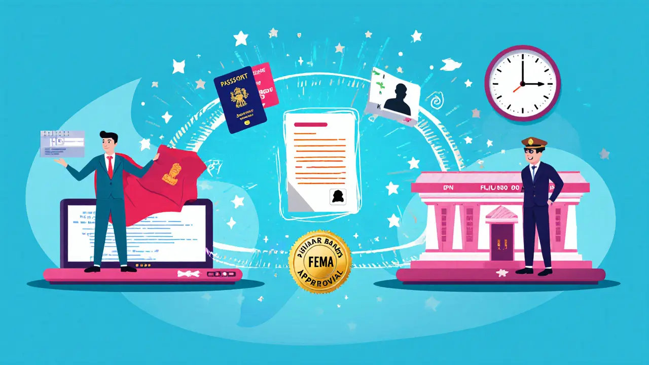 Data ribbons and documents flow between Indian and foreign exchanges, showing Travel Rule and FEMA approval steps.