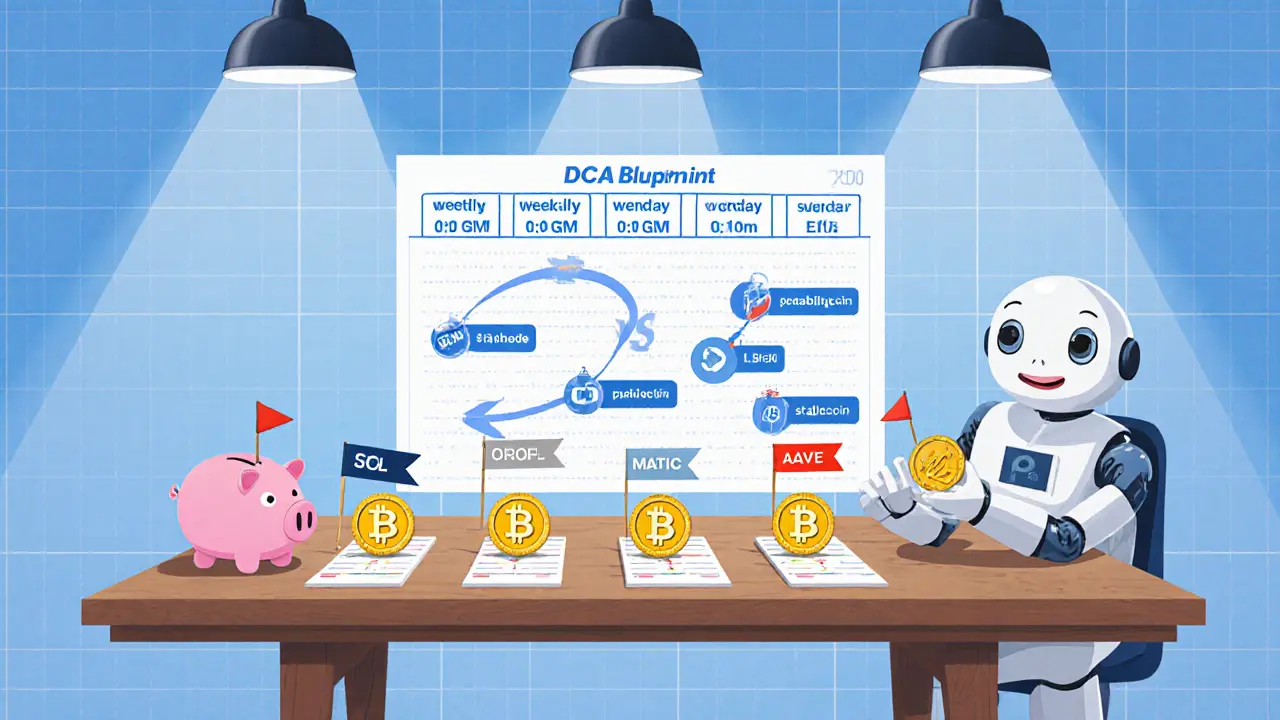 DCA blueprint on a table with weekly schedule, low‑fee exchange icons, stablecoin piggy bank, and stop‑loss flags.