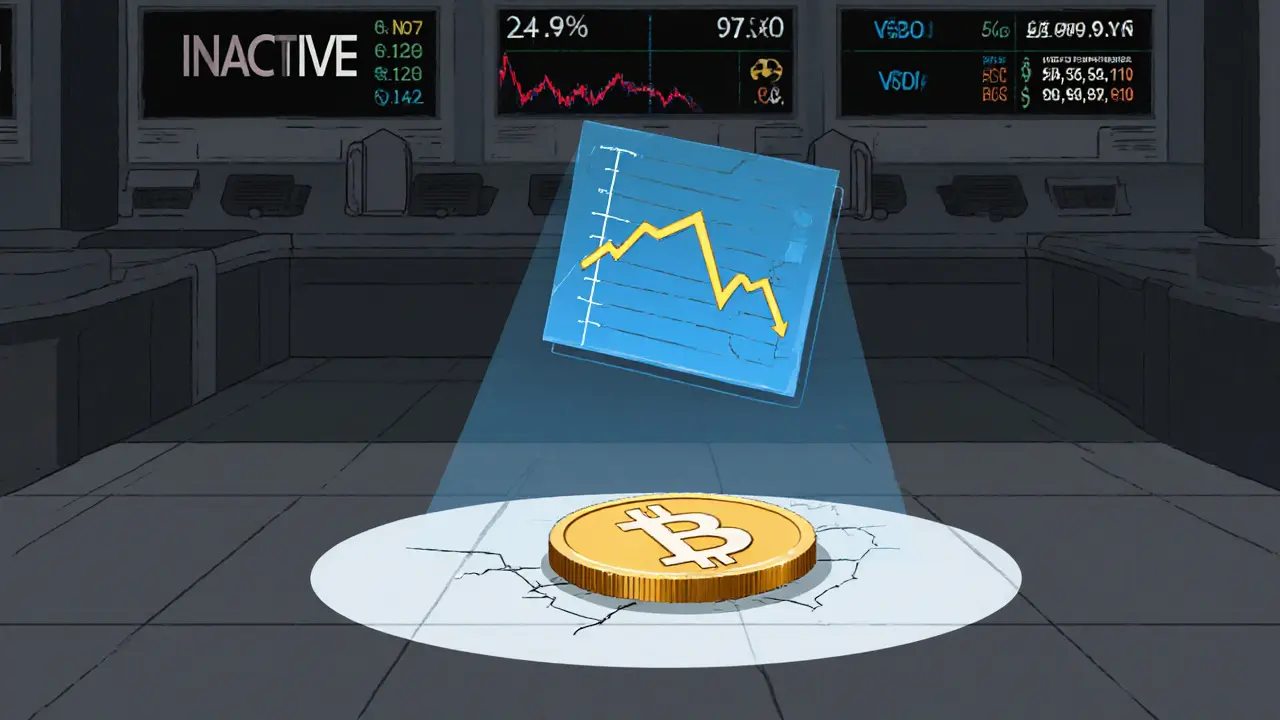 Deserted exchange floor with cracked BNU token and falling price chart indicating low liquidity.