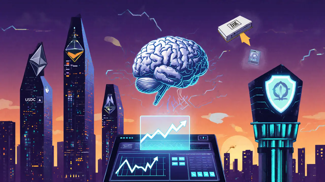 Futuristic blockchain city cartoon with cross‑chain portals, AI brain, Flashbots tower, and tax ledger icons.