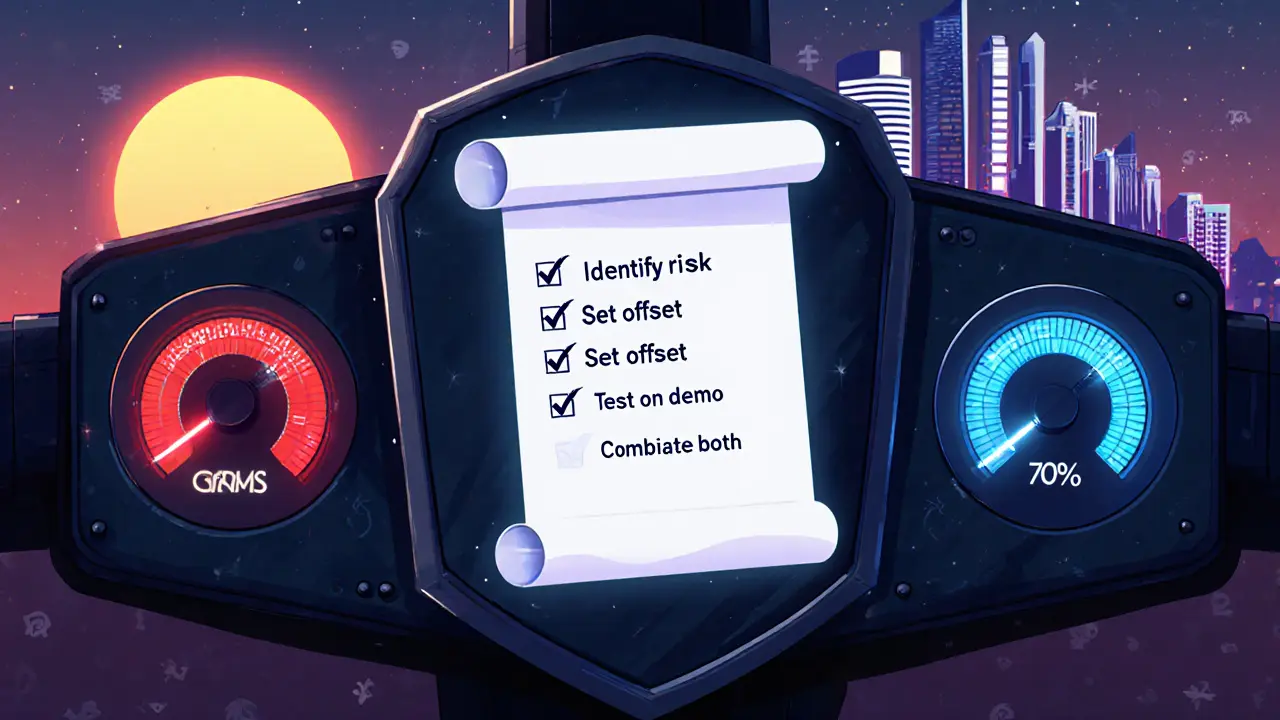 Futuristic control hub shield displaying stop‑loss lever, trailing stop gauge, and a risk‑management checklist.