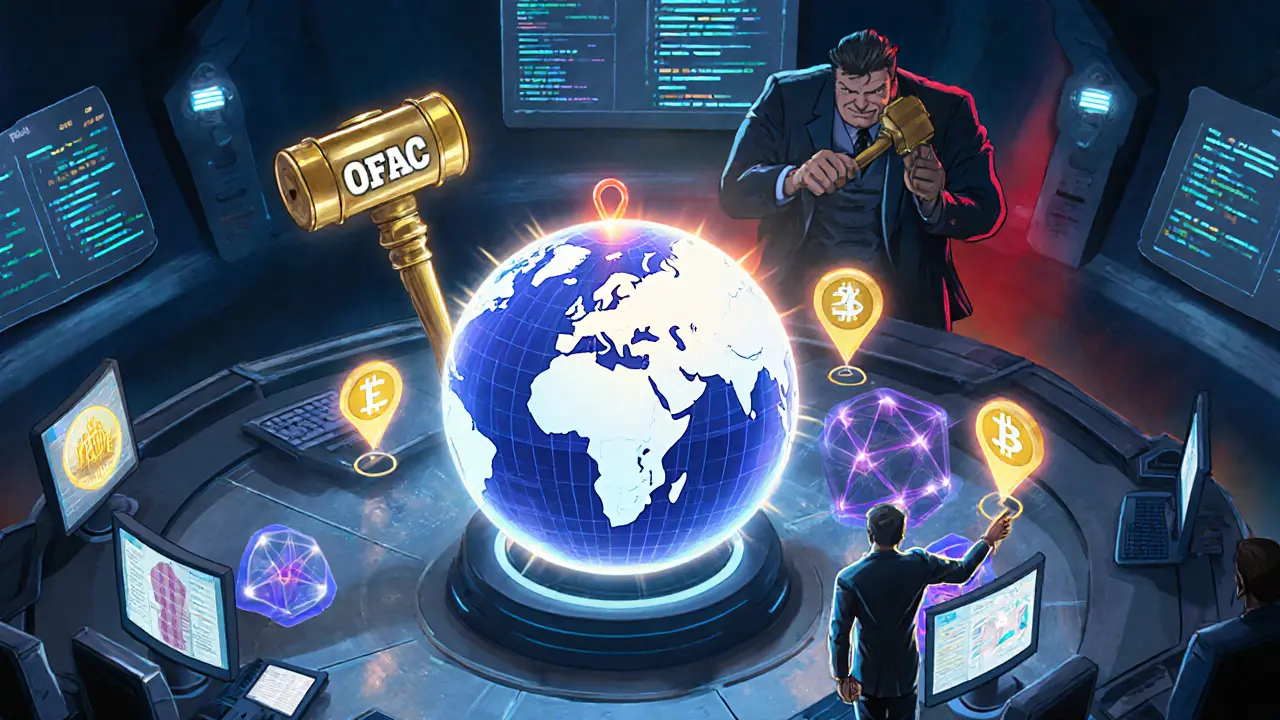Futuristic control room with holographic globe showing tax‑friendly hubs and privacy tech, regulator hammer looming.
