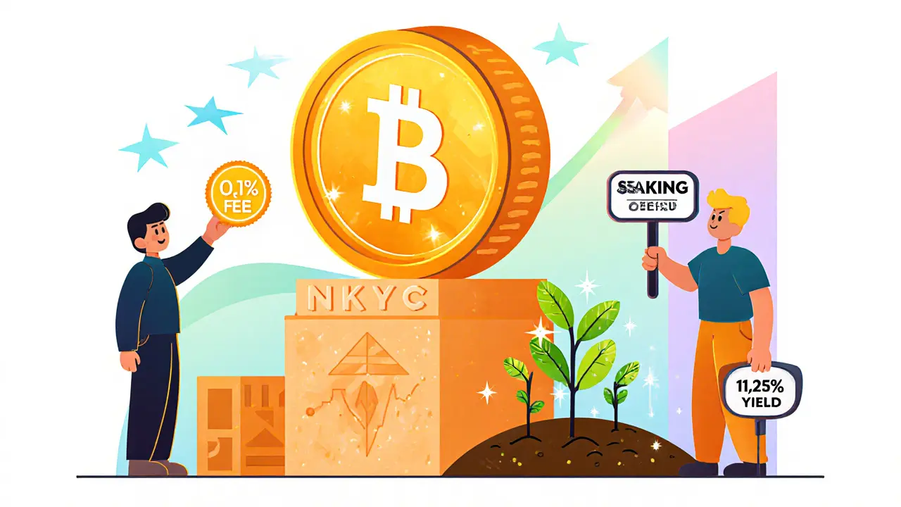 Glowing NKYC coin with characters holding discount badge, voting sign, and staking seedling.
