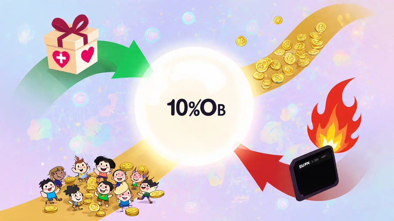 Illustration of WLBO fee splitting to charity, holders, and burn.