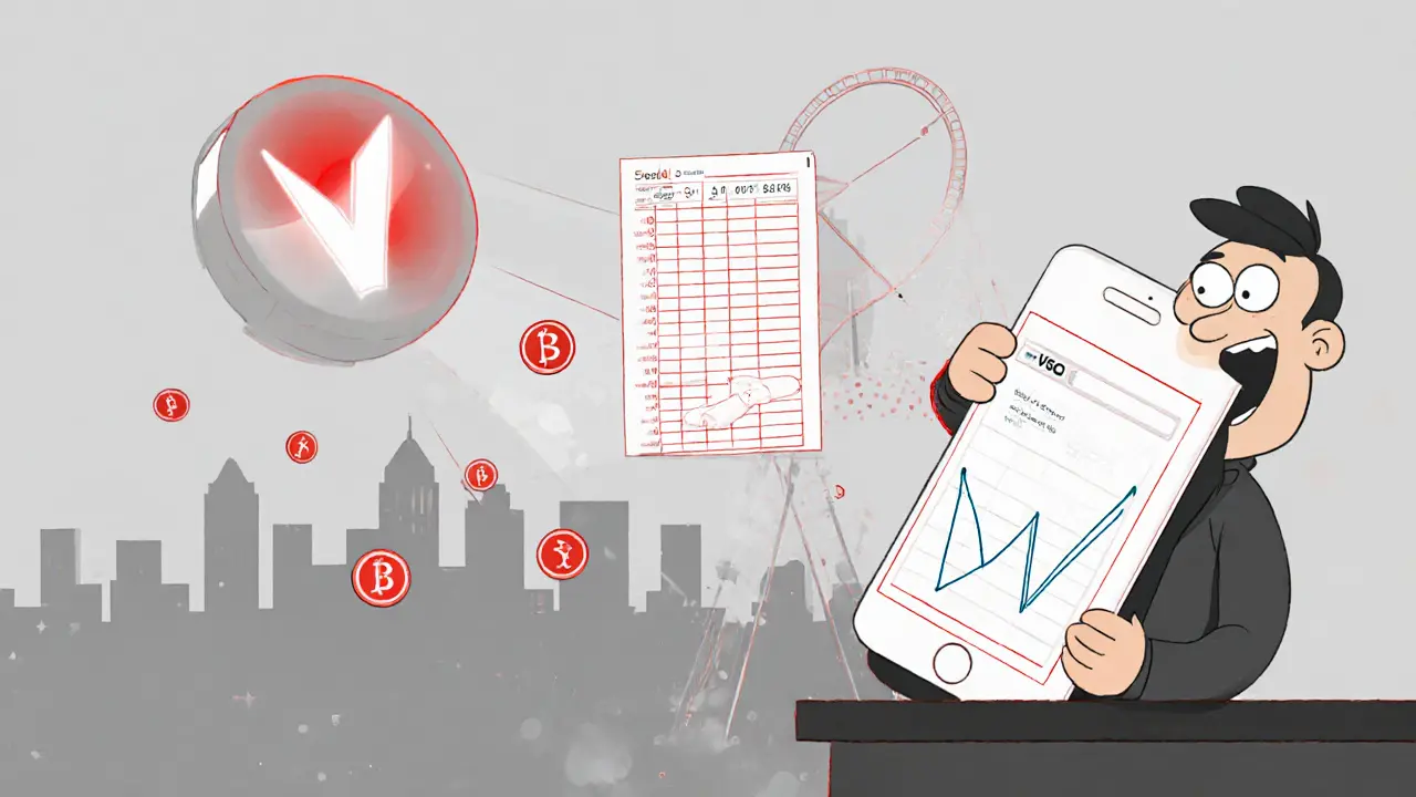 Investor looks at a plummeting VSC price chart on a phone with tokens drifting away.