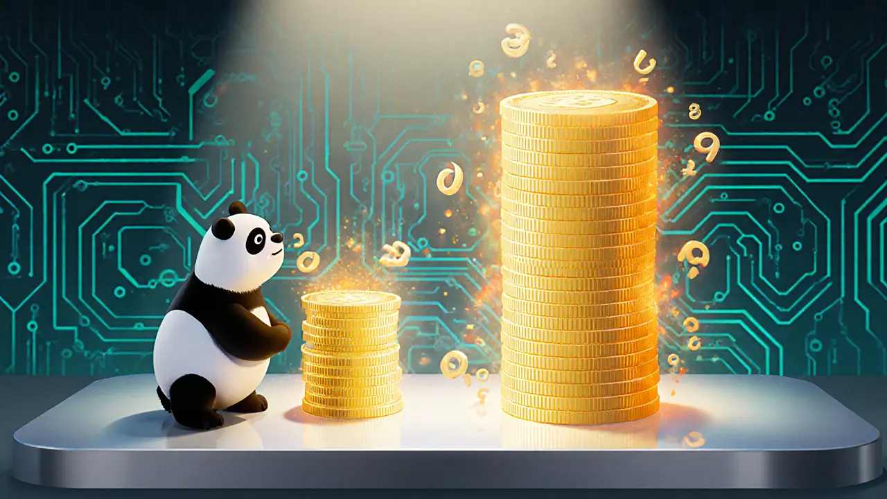 Panda compares two stacks of glowing coins representing differing total supplies.