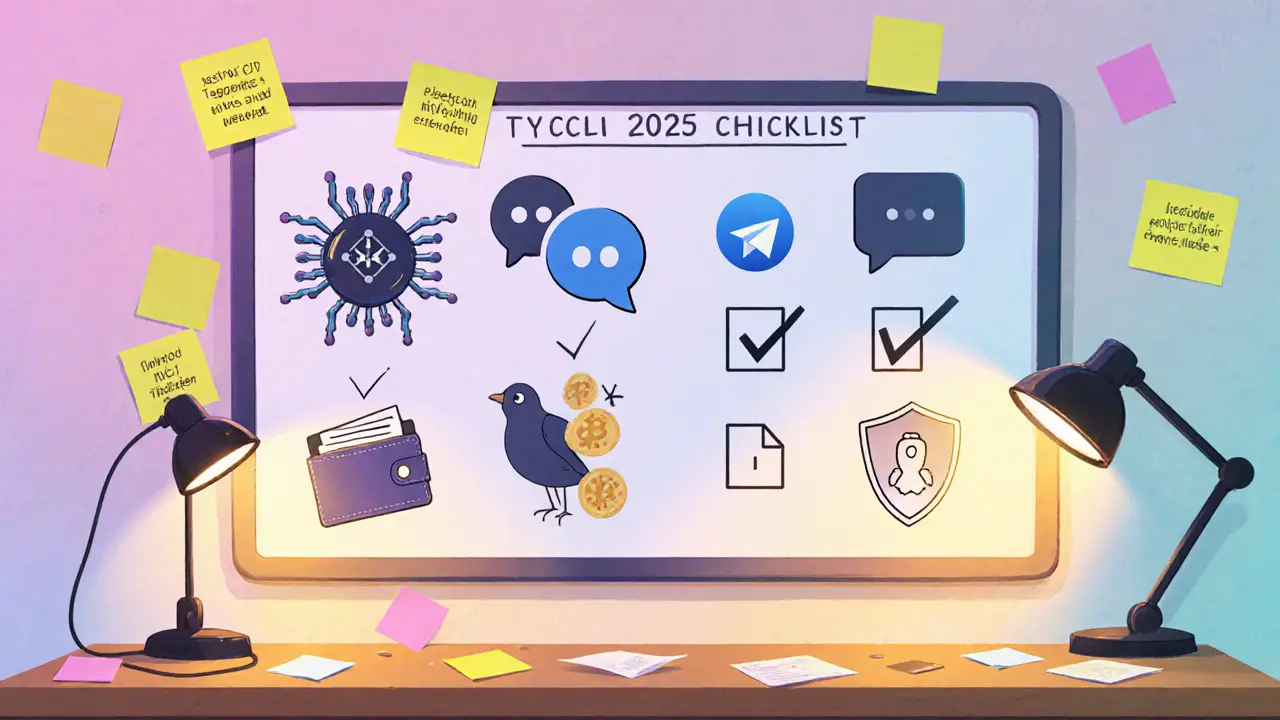 Playful checklist board showing testnet, community, snapshot, social, and KYC icons.