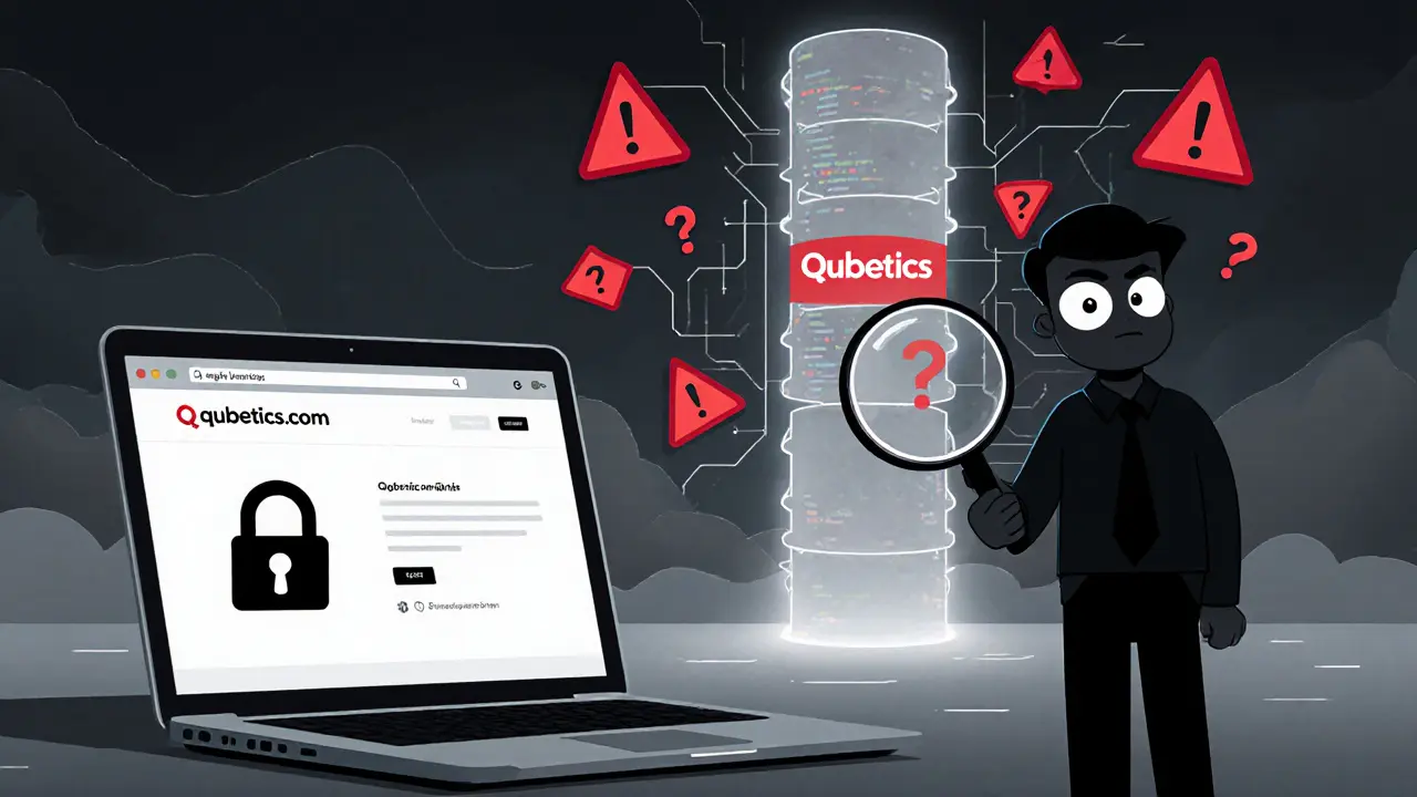 Skeptical investor faces a shady website and mysterious Qubetics bridge, with warning signs.