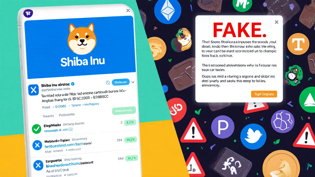 Split cartoon showing official Shiba Inu airdrop details versus a shady SHIBSC claim.