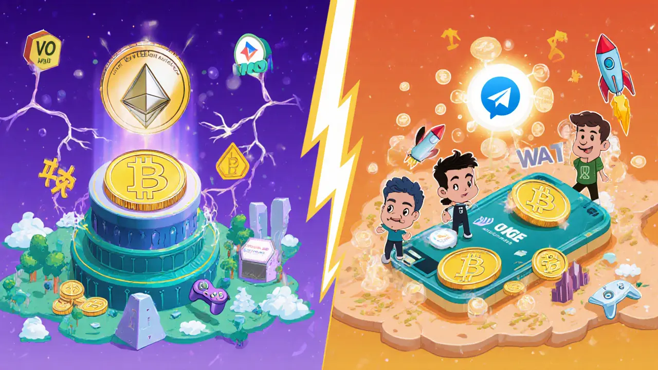 Split‑screen cartoon comparing GMEE on Ethereum with WATCoin on Telegram.