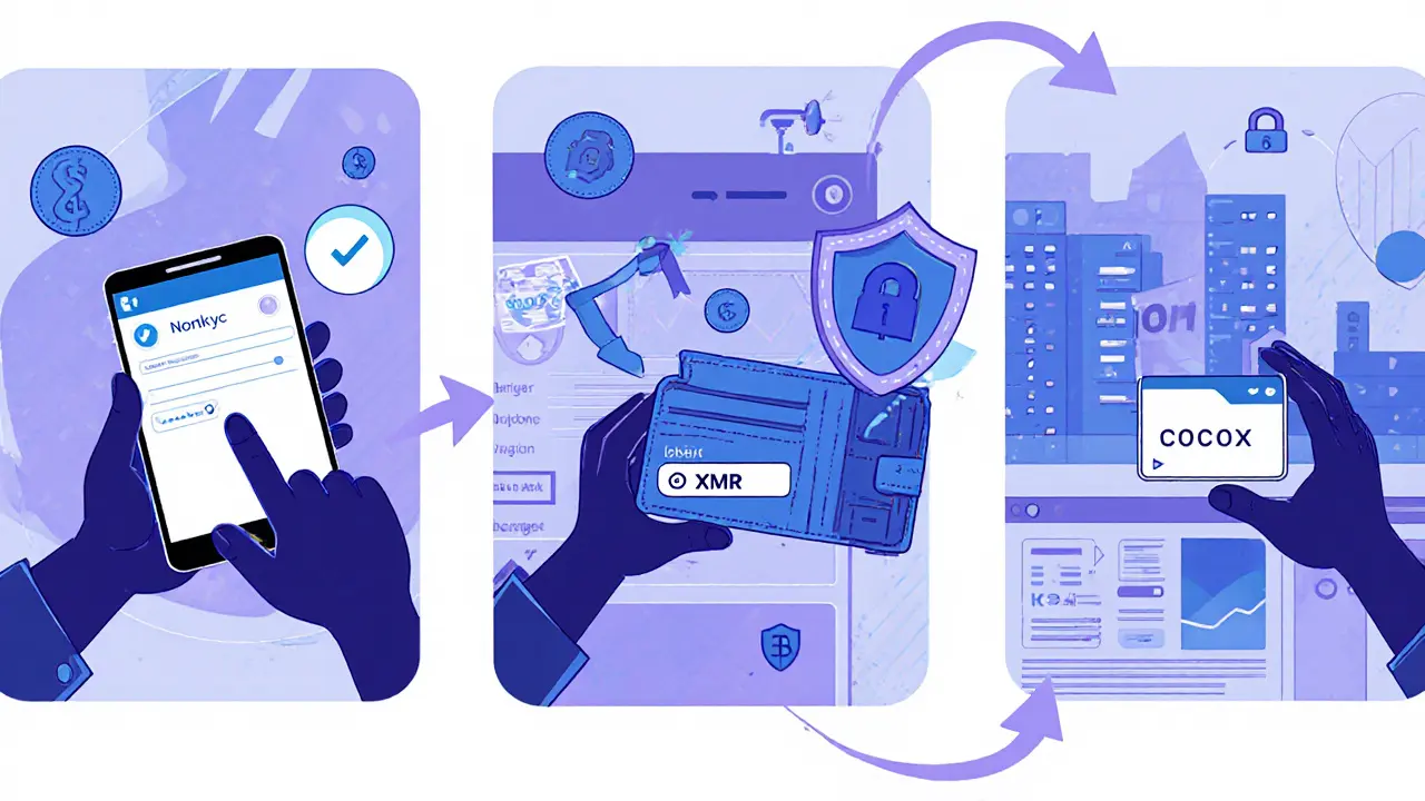 Three‑panel comic of email verification, wallet deposit, and XMR/BTC trade with security shield.