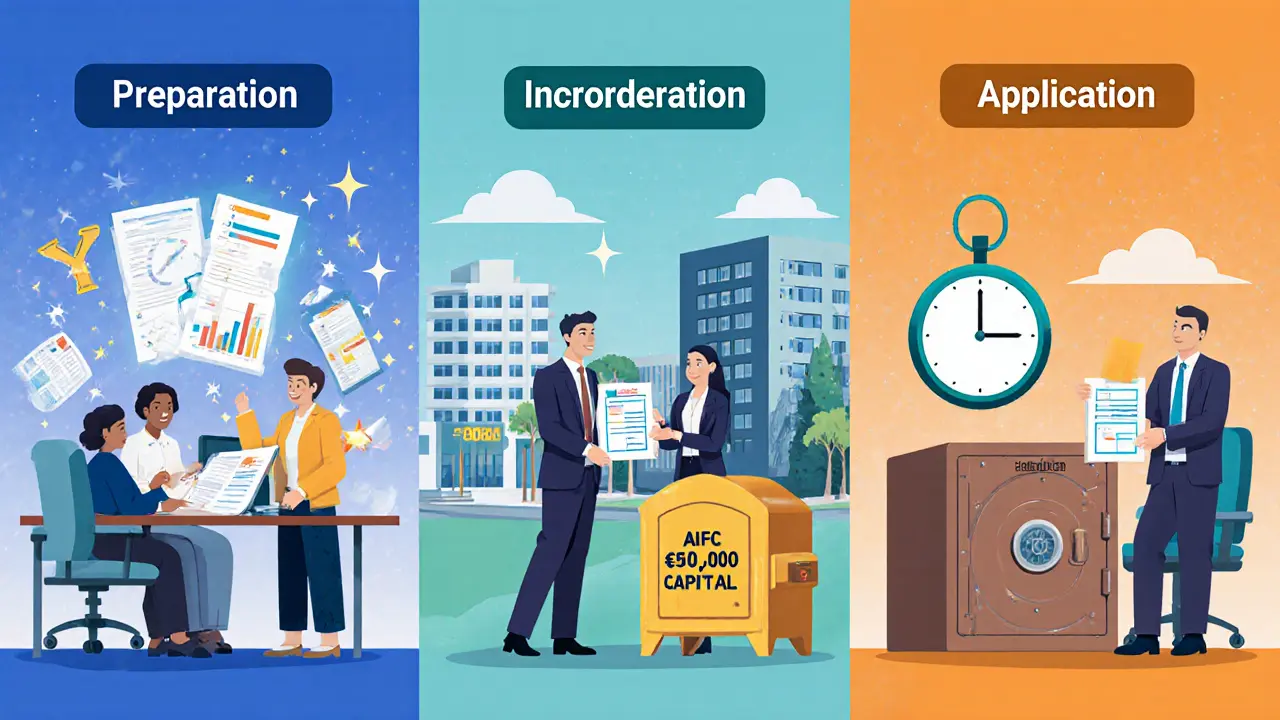 Three panels showing preparation, incorporation, and application phases for licensing.