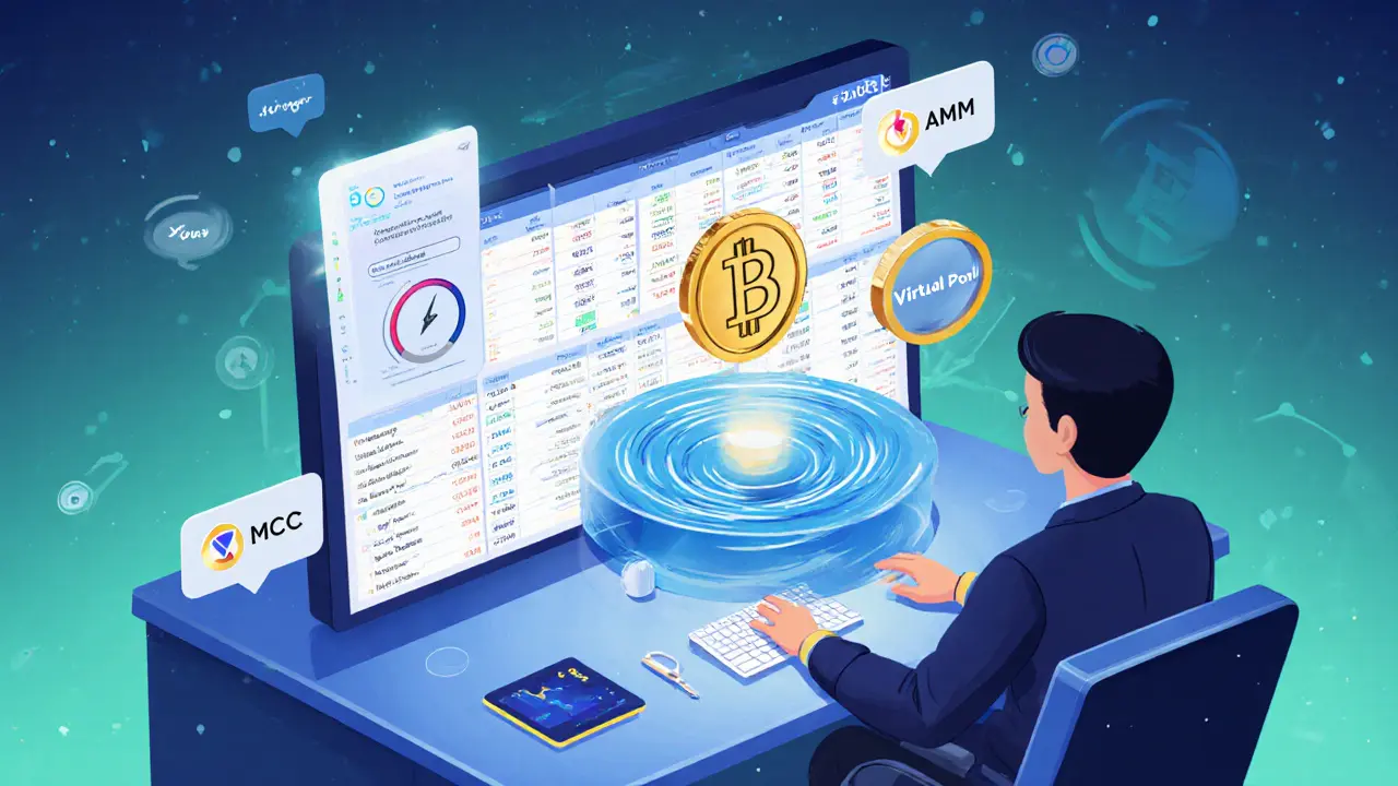Trader at desk viewing MCDEX UI with AMM pool and glowing MCB token.