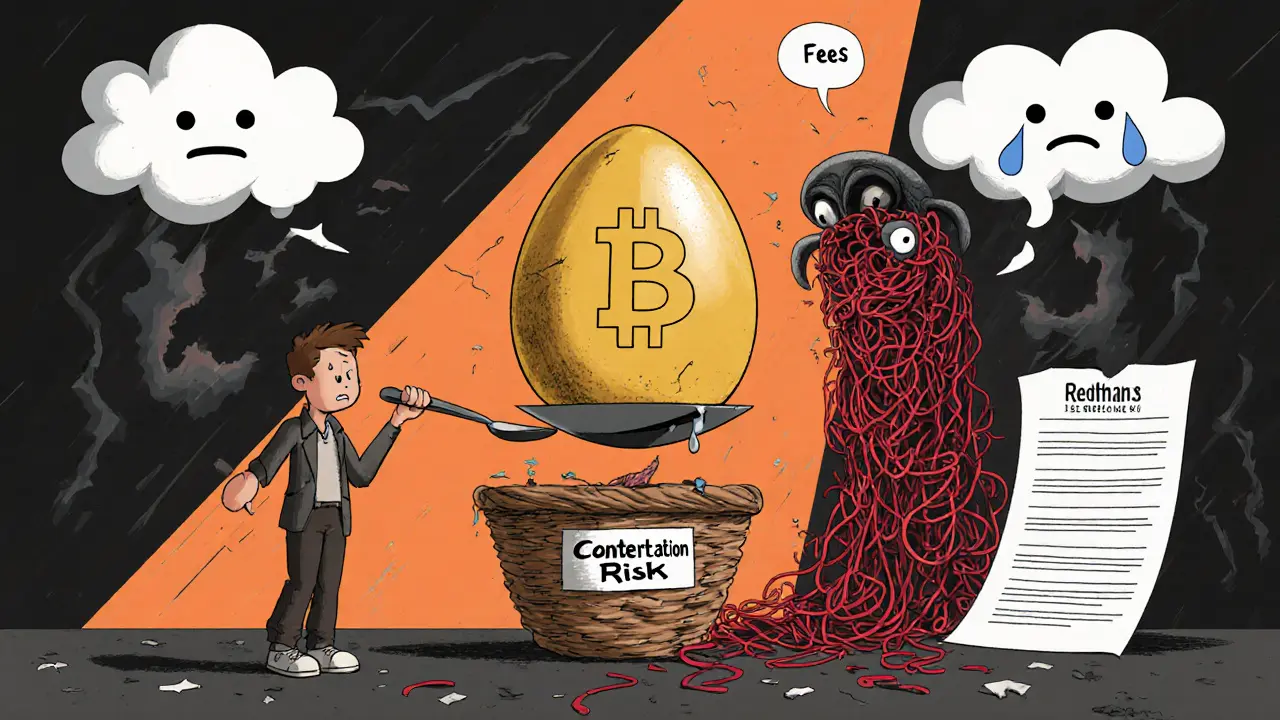 Trader balancing a single golden Bitcoin egg while a broken basket and fee monster illustrate crypto pitfalls.