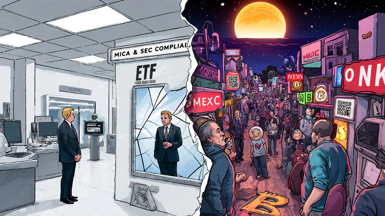 Two trading floors side by side: one sterile and compliant, the other vibrant and unregulated, separated by a mirror reflecting the same person.