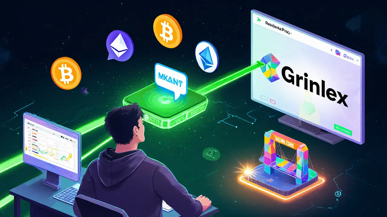 User with VPN tunnel sending Bitcoin and Ethereum to a successor exchange, Telegram bot, and DeFi bridge.