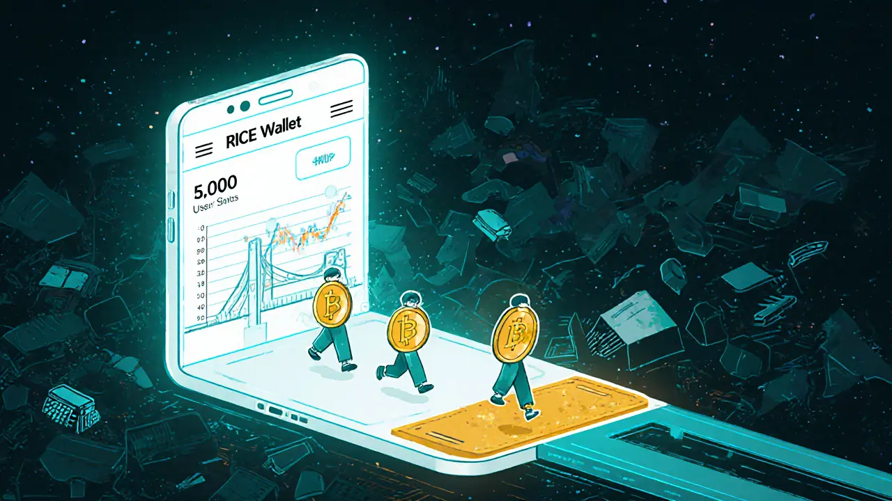 Users stepping through a glowing RICE Wallet portal as their tokens transform into trading infrastructure.