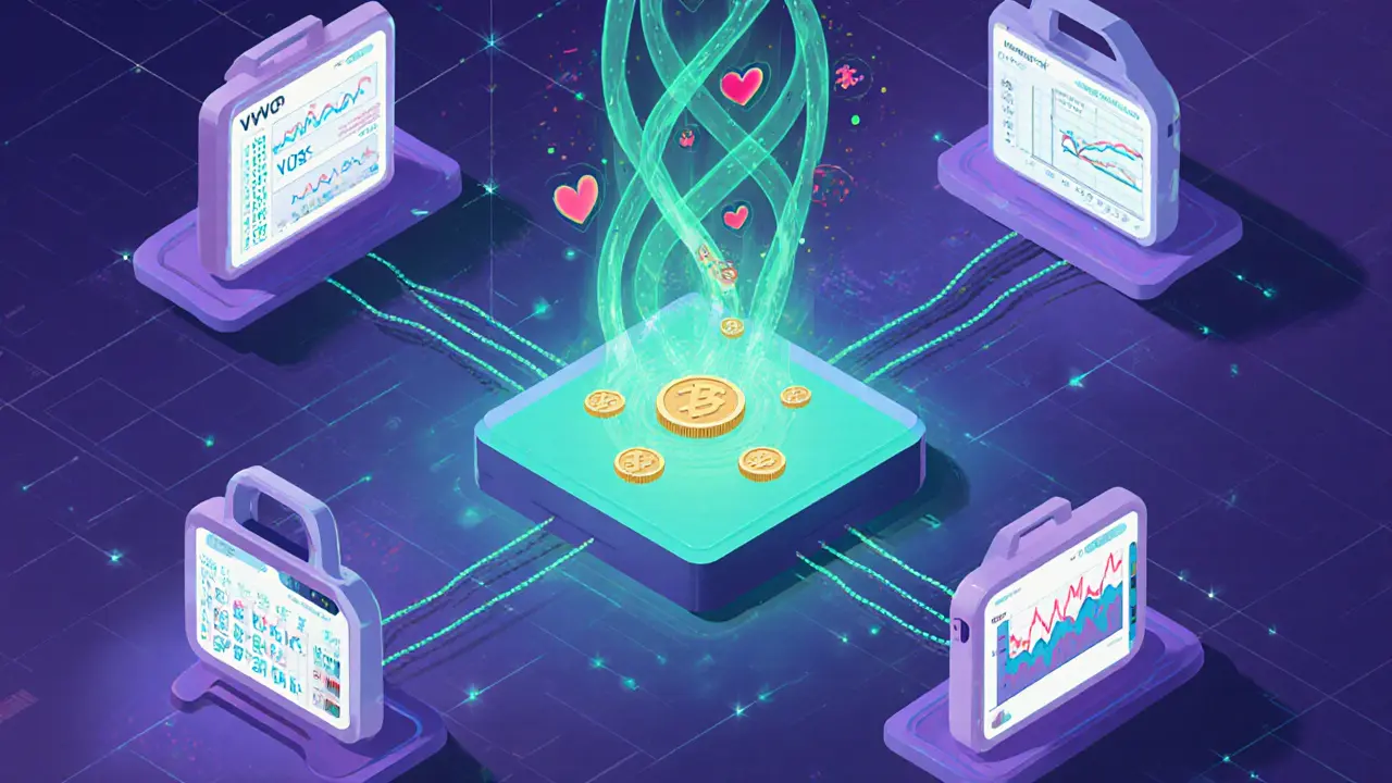 Validator nodes receive encrypted health data and emit VSC coins in a futuristic hub.