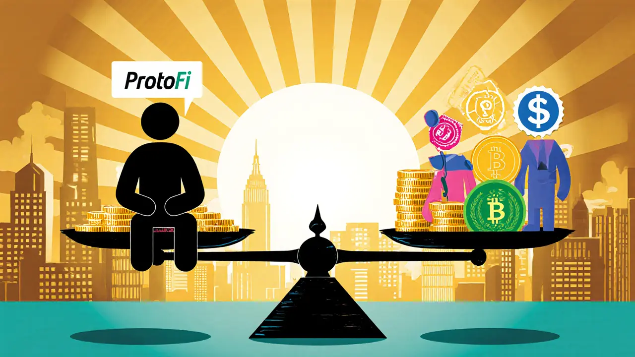 Weighing scale comparing ProtoFi with major exchanges, highlighting fees and security.