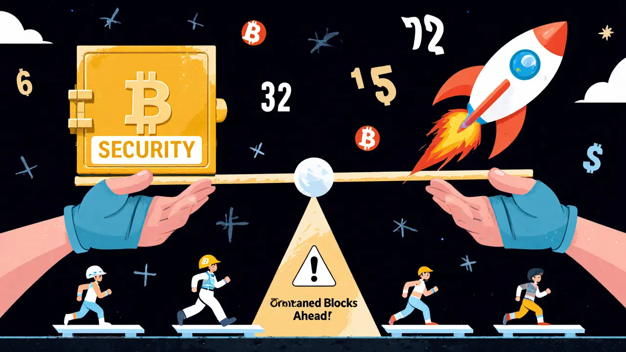 A balance scale between security and speed, held by a miner and developer, with validators on treadmills and confirmation numbers floating nearby.